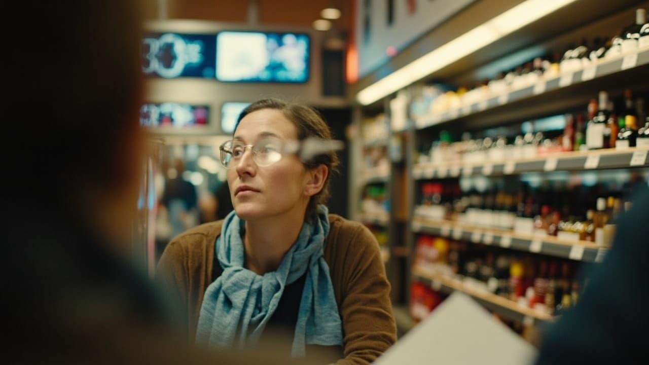 A person in glasses and a scarf talks with someone across a liquor store counter